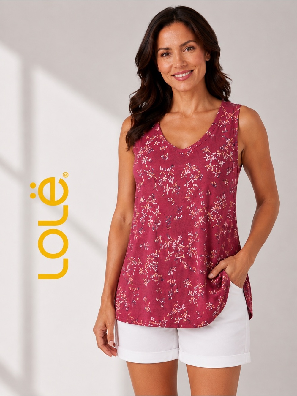 •NWT Lolë Earth Red Romantic Floral V-Neck Tank Top Modal | Medium
